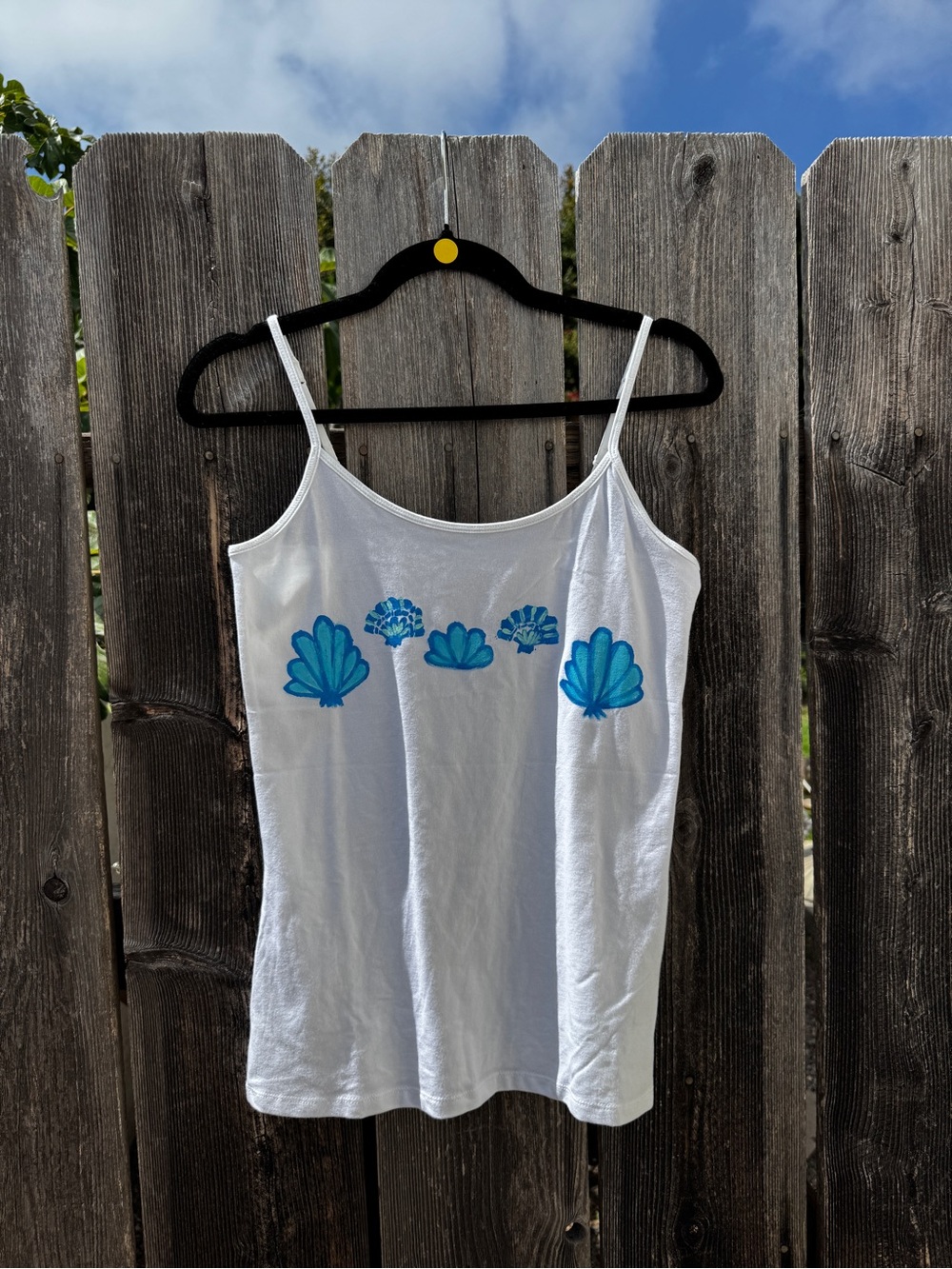 Everything That Glitters White Tank with Blue Shell Print Handmade